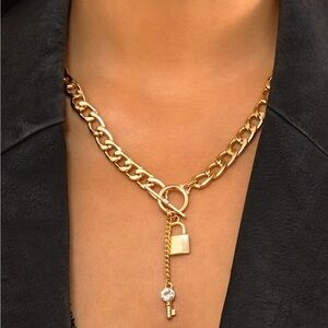 Gold Chain Necklace with Lock and Key Pendant